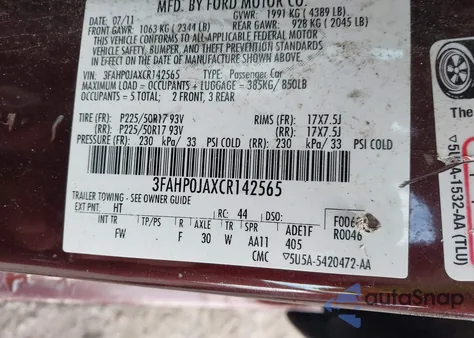 2012 Ford Fusion Sel из США, поврежденный, VIN 3FAHP0JAXCR142565